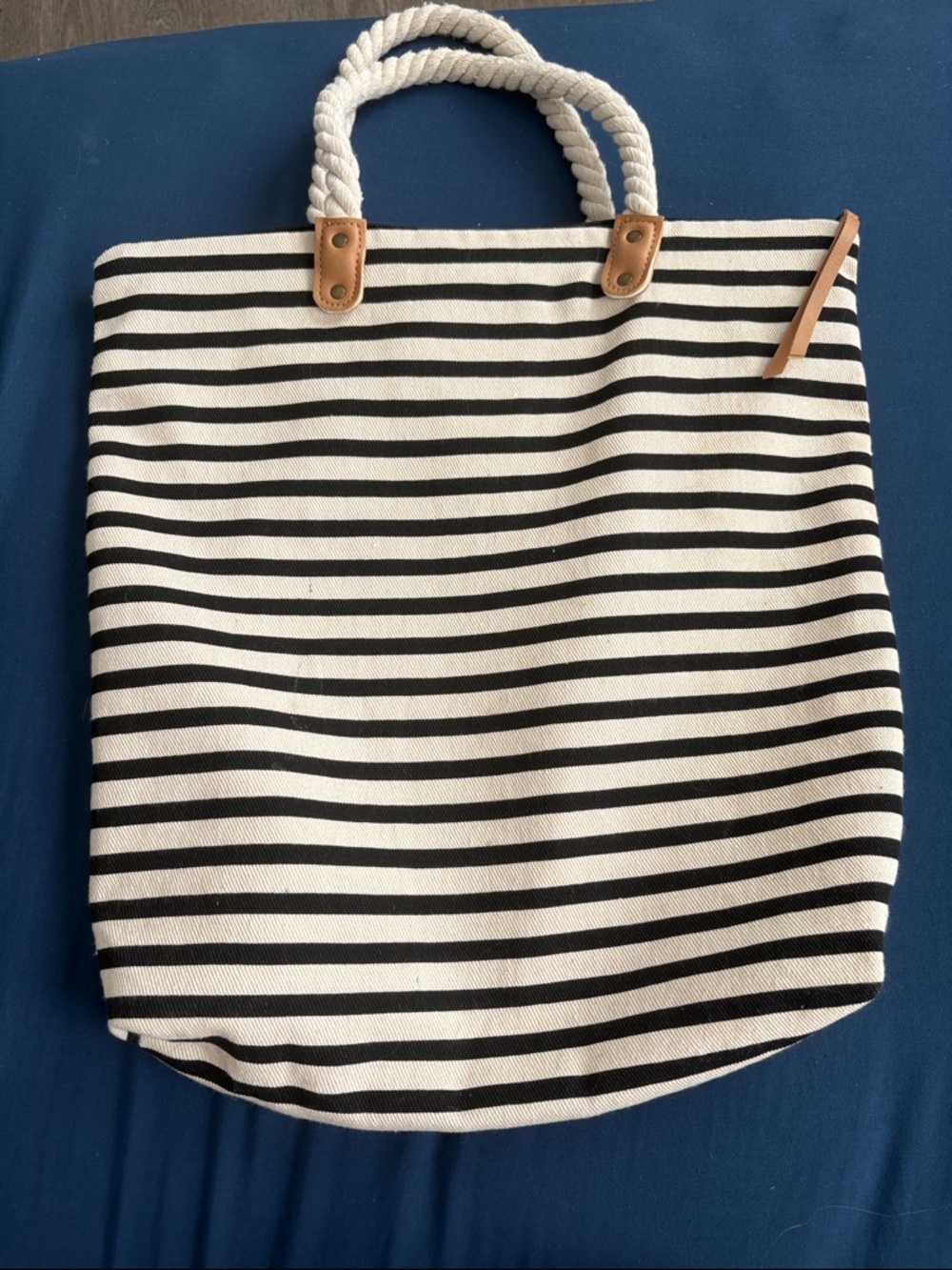 summer & rose Black and White Striped Canvas Tote with Rope Handles